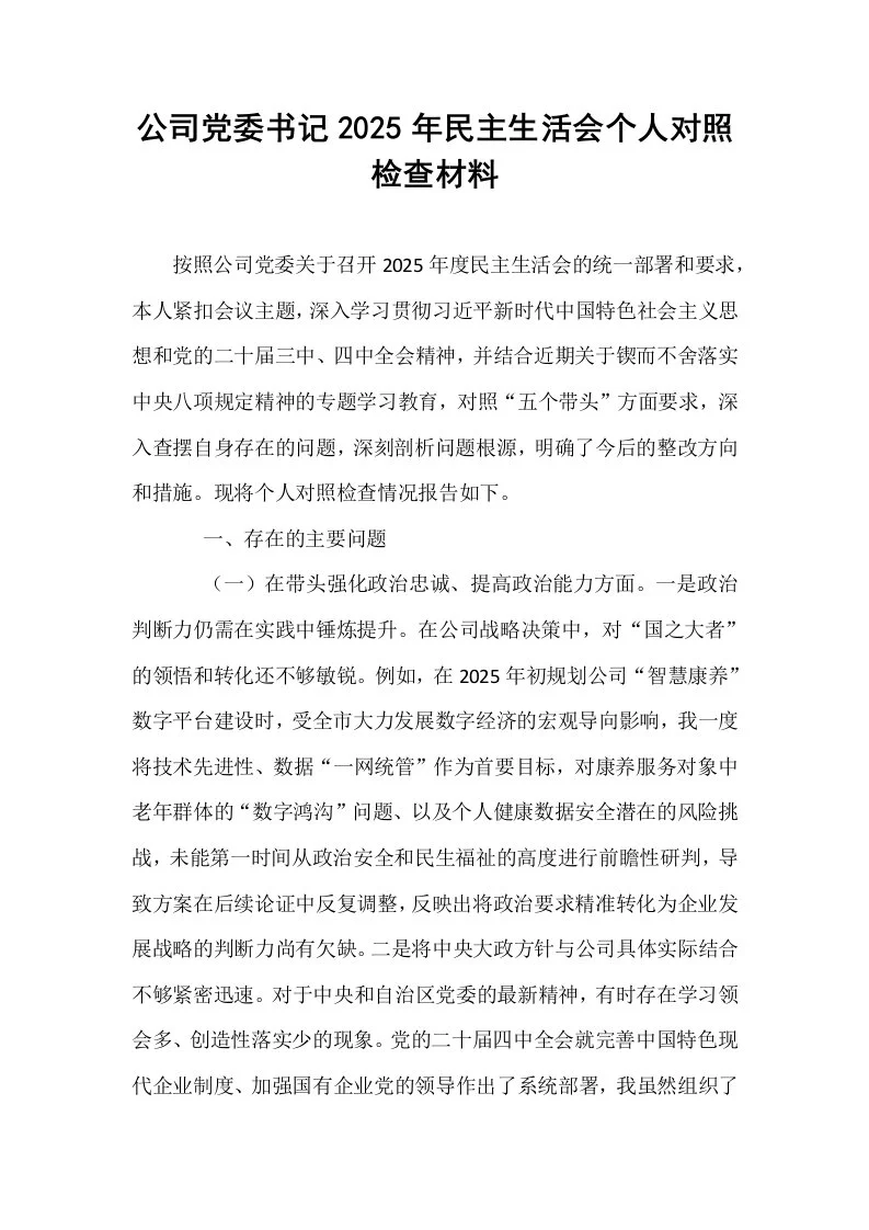 公司党委书记2025年民主生活会个人对照检查材料_第1页