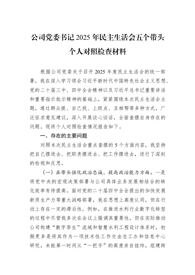 公司党委书记2025年民主生活会五个带头个人对照检查材料_第1页