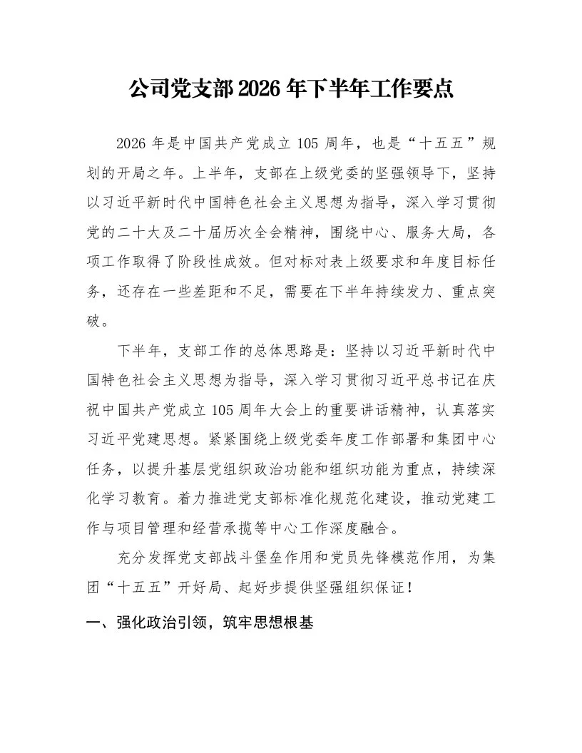 公司党支部2026年下半年工作要点_第1页