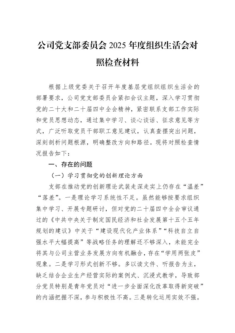 公司党支部委员会2025年度组织生活会对照检查材料_第1页