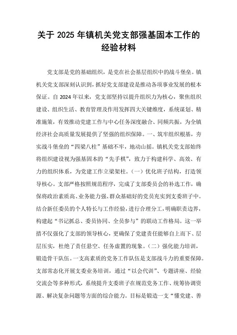 关于2025年镇机关党支部强基固本工作的经验材料_第1页