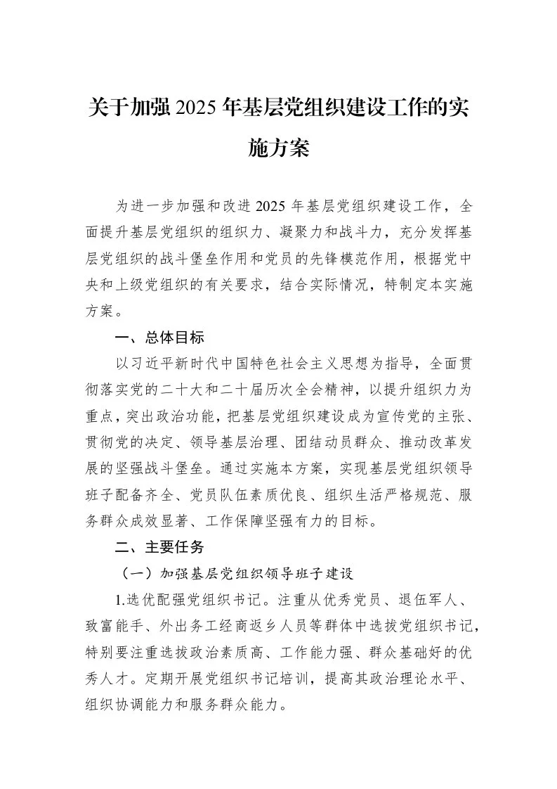 关于加强2025年基层党组织建设工作的实施方案 (1)_第1页