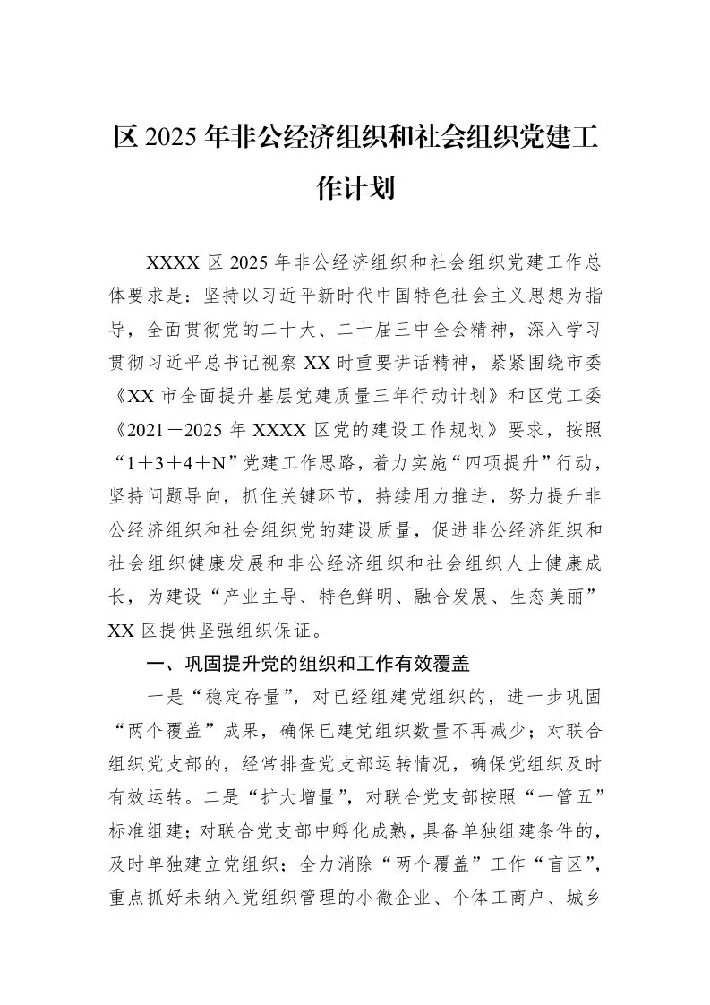 区2025年非公经济组织和社会组织党建工作计划_第1页