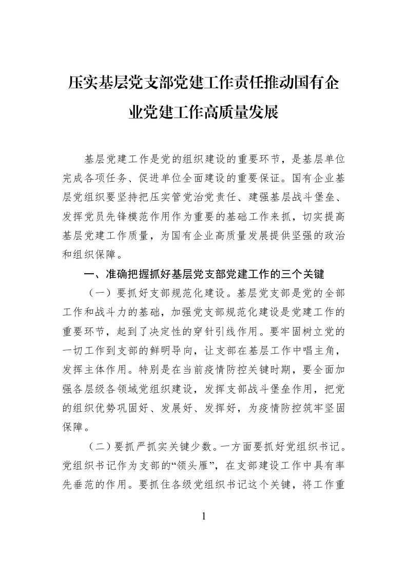 压实基层党支部党建工作责任推动国有企业党建工作高质量发展_第1页