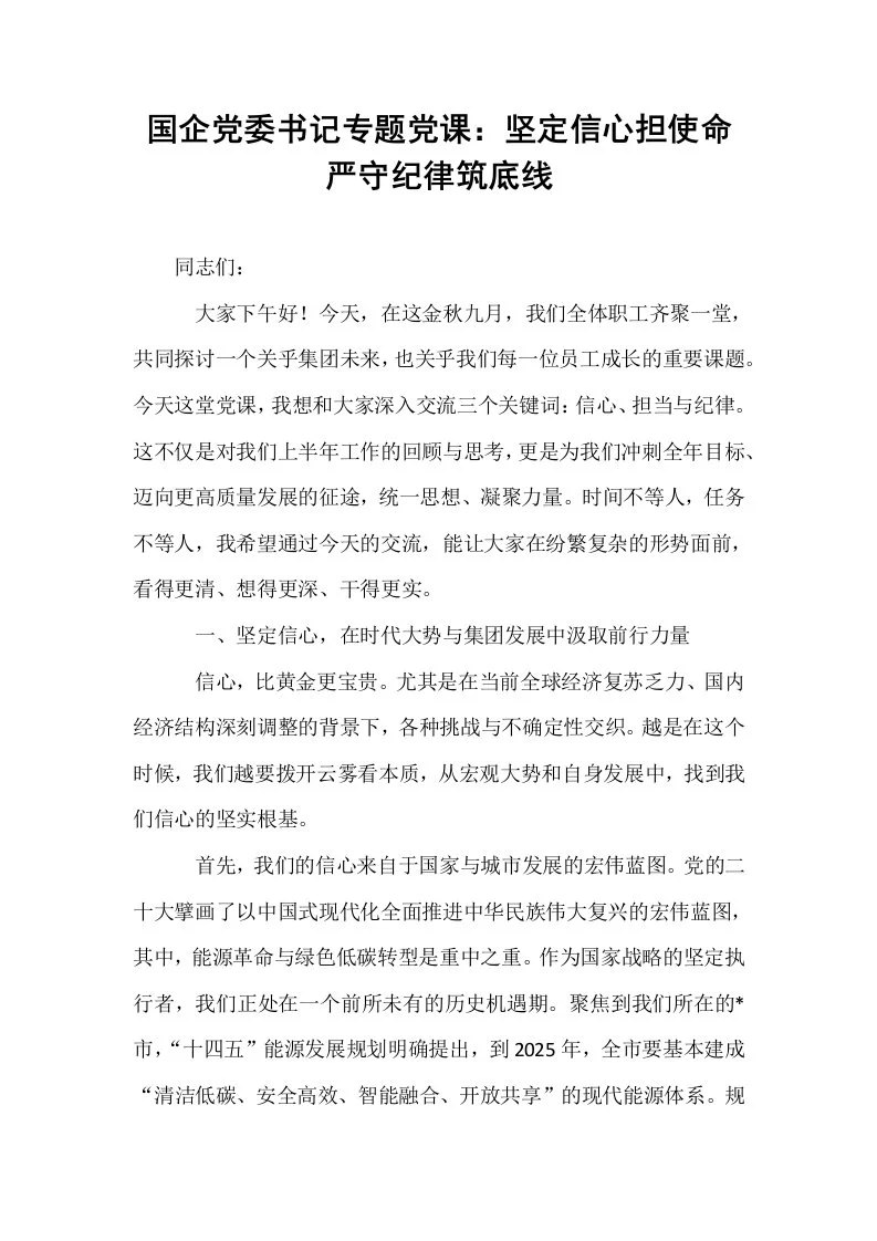 国企党委书记专题党课：坚定信心担使命   严守纪律筑底线_第1页