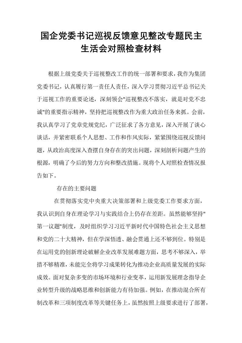 国企党委书记巡视反馈意见整改专题民主生活会对照检查材料_第1页