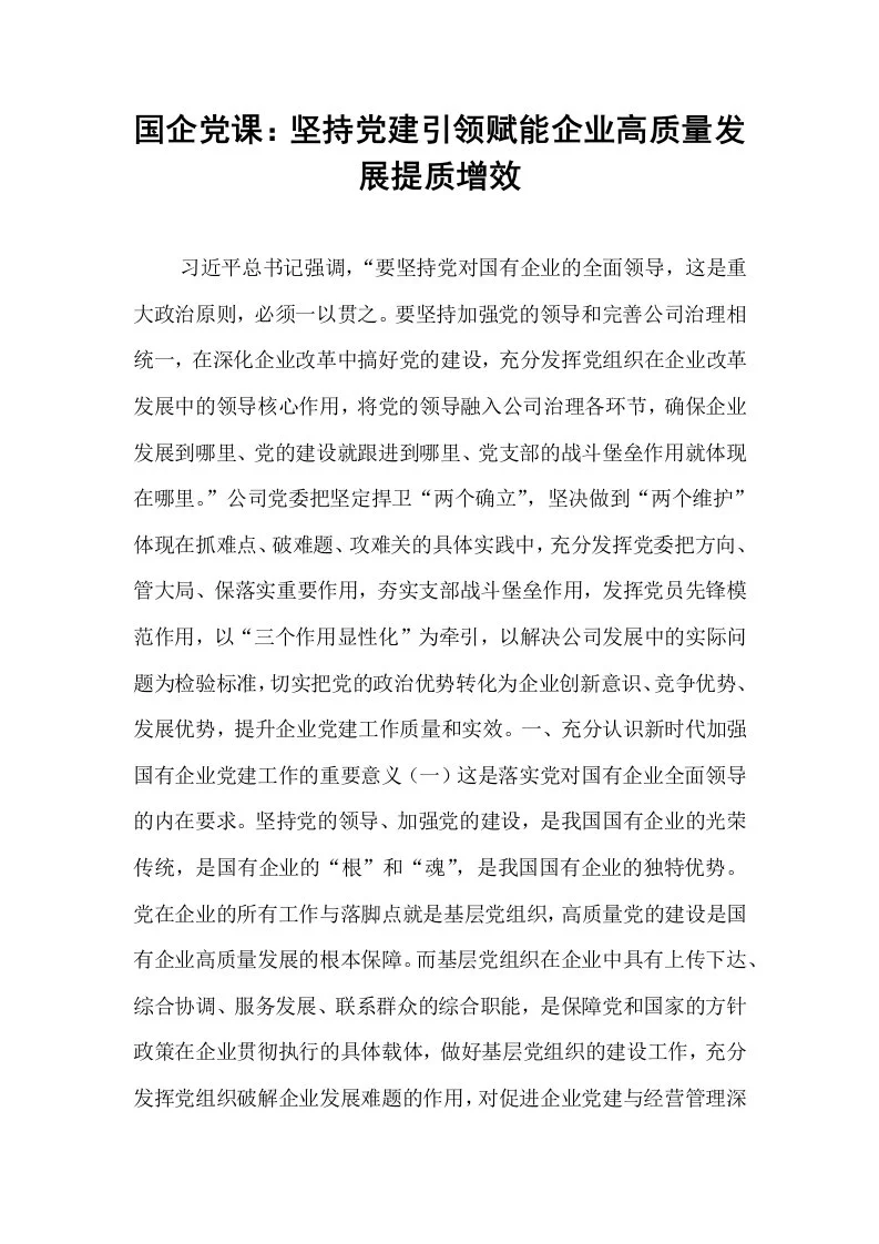 国企党课：坚持党建引领赋能企业高质量发展提质增效_第1页
