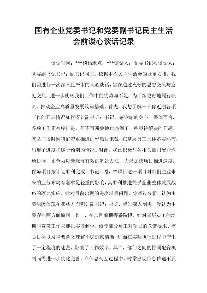 国有企业党委书记和党委副书记民主生活会前谈心谈话记录_第1页
