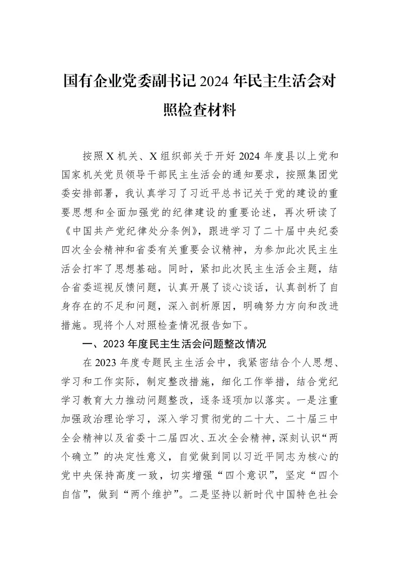国有企业党委副书记2024年民主生活会对照检查材料（02-13）_第1页