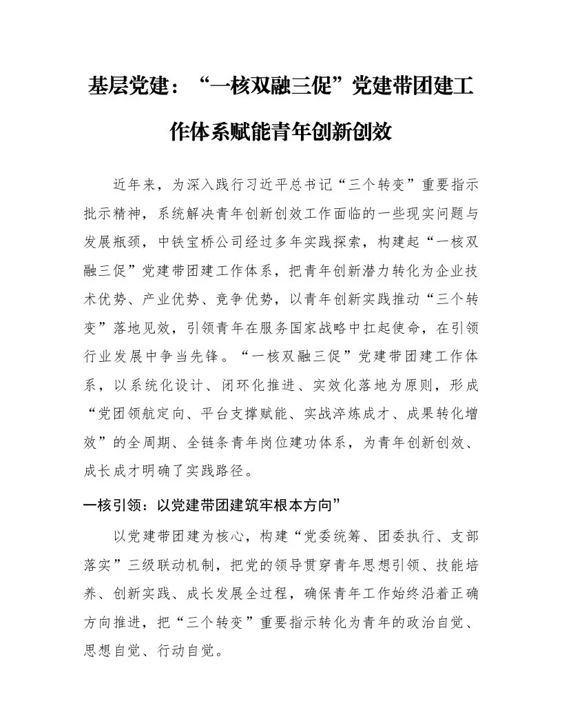 基层党建：“一核双融三促”党建带团建工作体系赋能青年创新创效_第1页