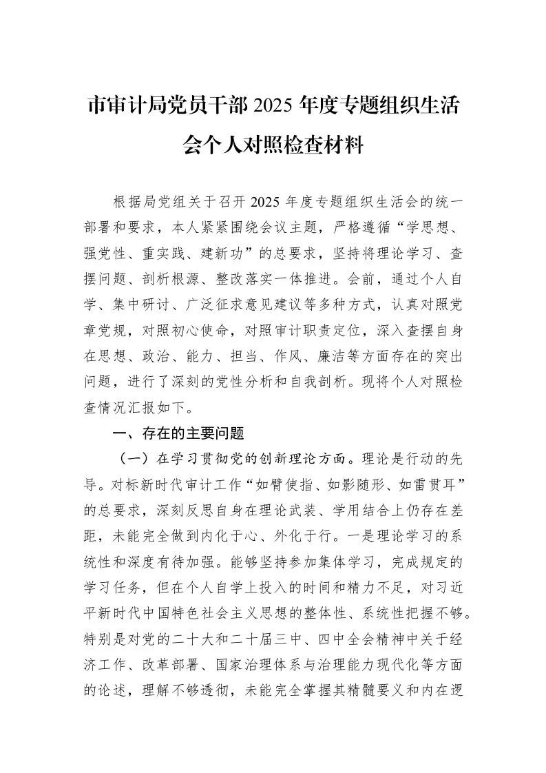 市审计局党员干部2025年度专题组织生活会个人对照检查材料_第1页