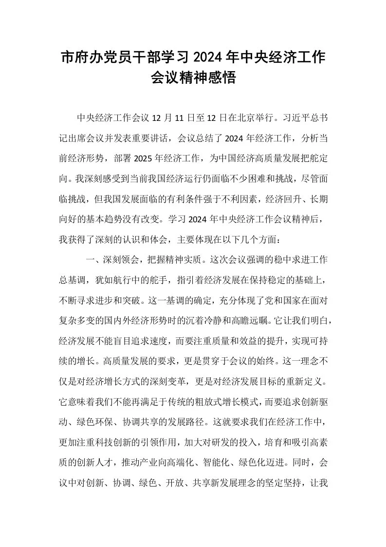 市府办党员干部学习2024年中央经济工作会议精神感悟._第1页