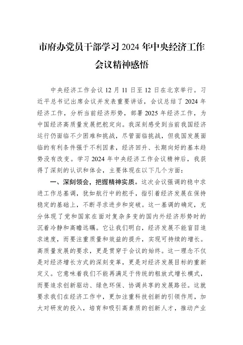 市府办党员干部学习2024年中央经济工作会议精神感悟_第1页