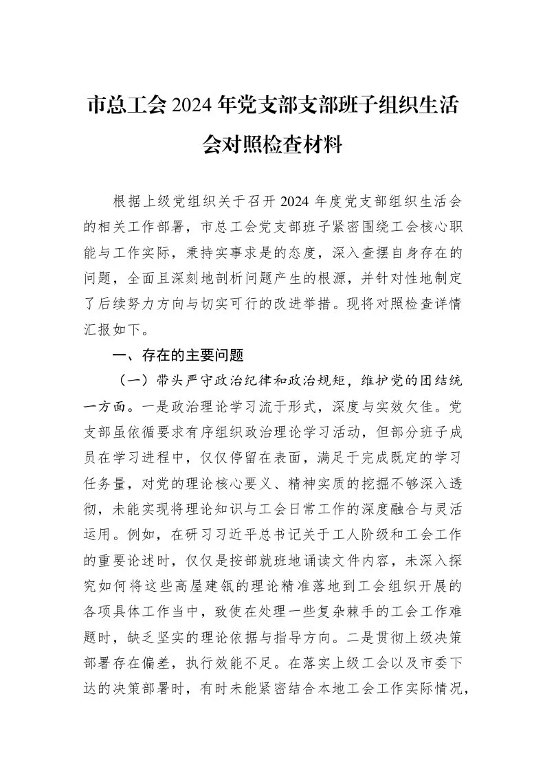 市总工会2024年党支部支部班子组织生活会对照检查材料（02-19）_第1页
