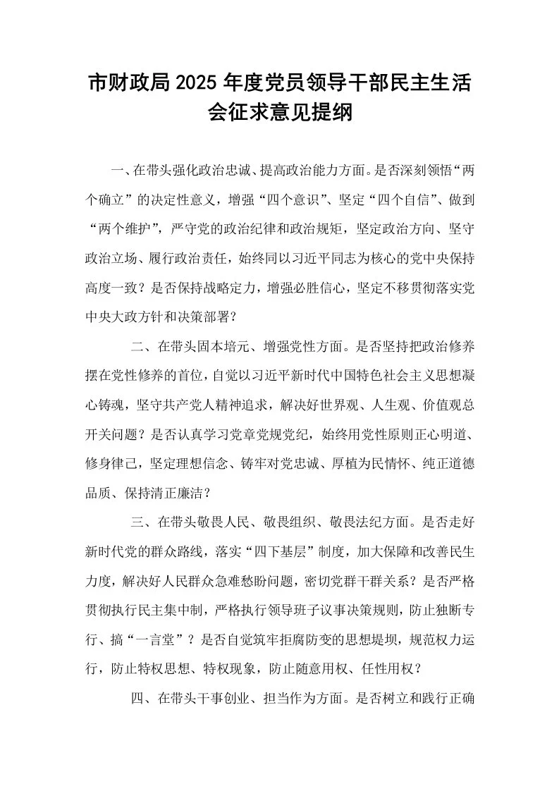 市财政局2025年度党员领导干部民主生活会征求意见提纲_第1页