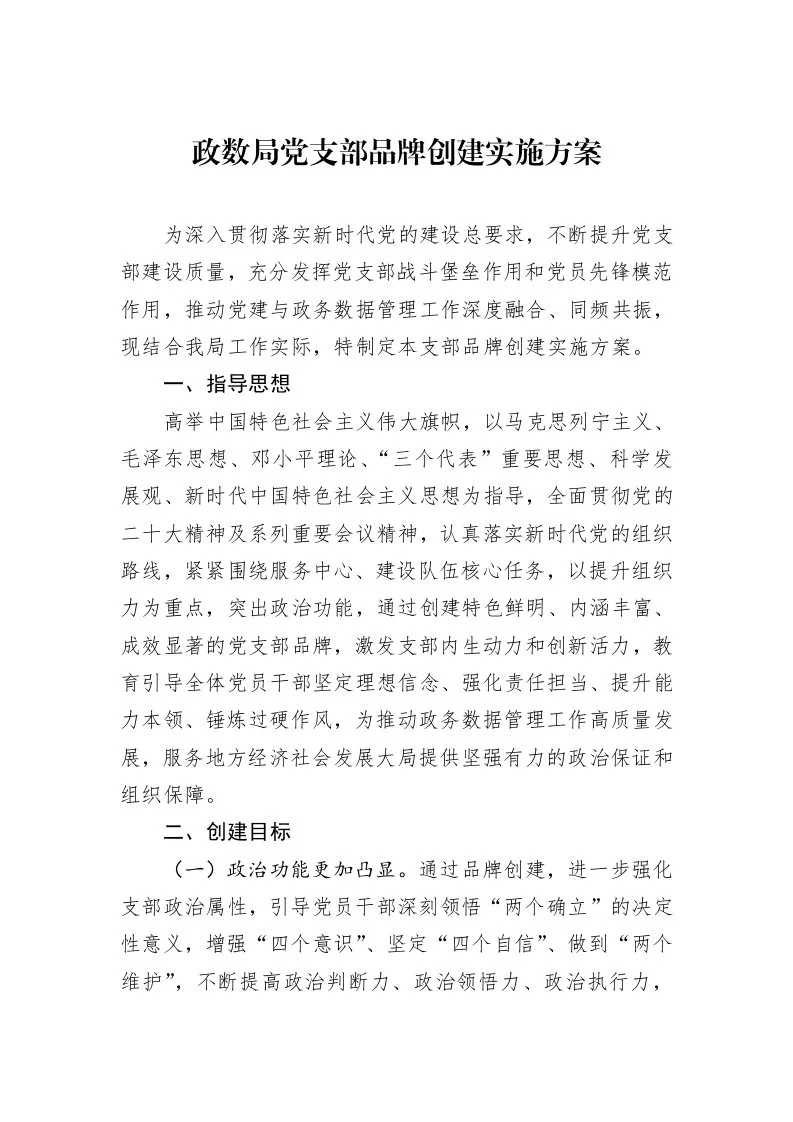 政数局党支部品牌创建实施方案_第1页