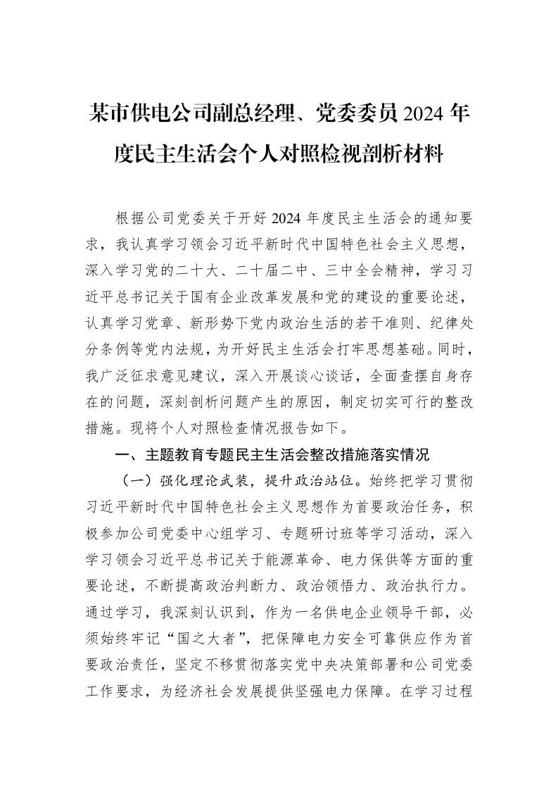某市供电公司副总经理、党委委员2024年度民主生活会个人对照检视剖析材料（3.12）_第1页