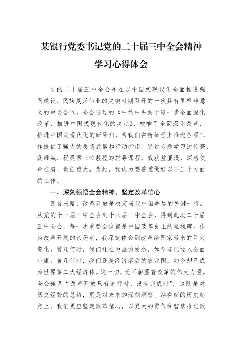 某银行党委书记党的二十届三中全会精神学习心得体会_第1页