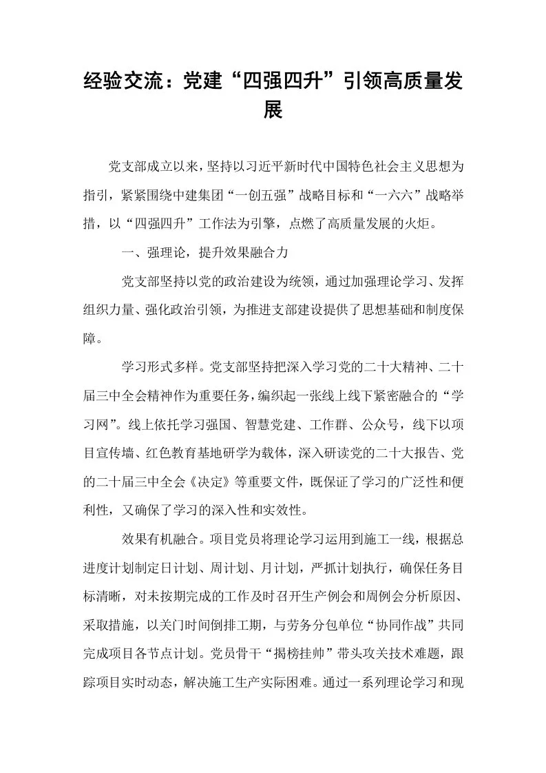 经验交流：党建“四强四升”引领高质量发展_第1页