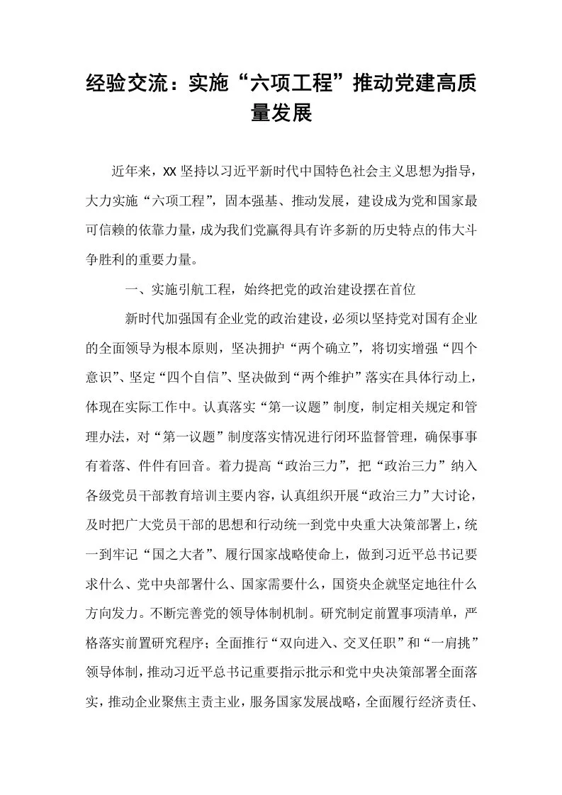 经验交流：实施“六项工程”推动党建高质量发展_第1页