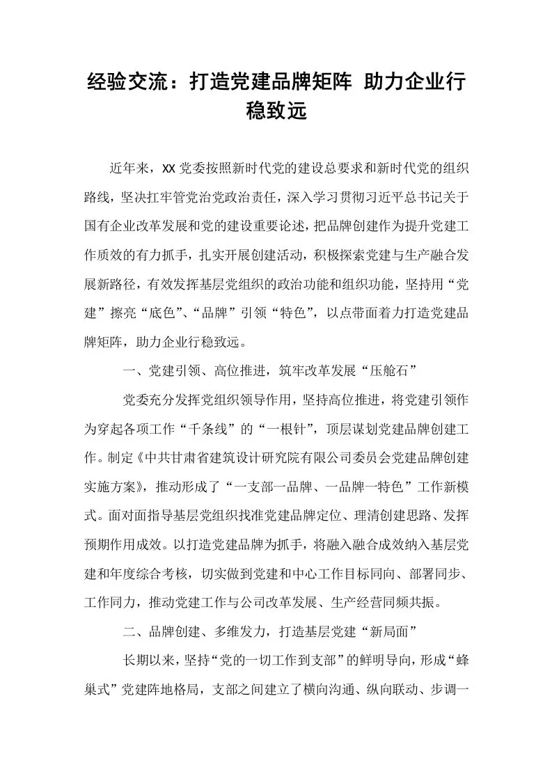 经验交流：打造党建品牌矩阵 助力企业行稳致远_第1页