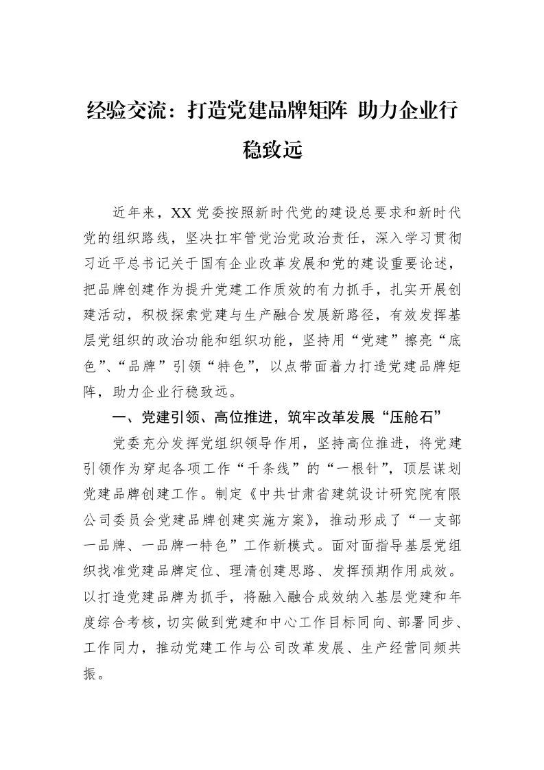 经验交流：打造党建品牌矩阵+助力企业行稳致远（02-28）_第1页