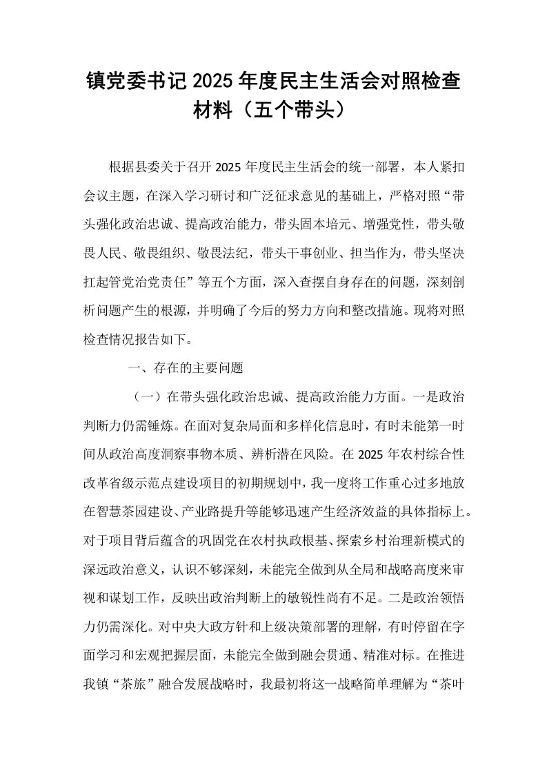 镇党委书记2025年度民主生活会对照检查材料（五个带头）_第1页