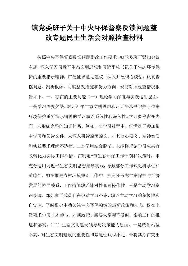 镇党委班子关于中央环保督察反馈问题整改专题民主生活会对照检查材料_第1页