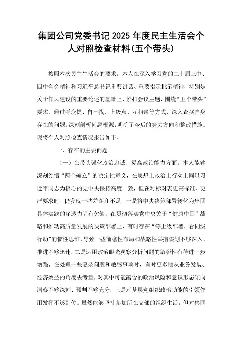 集团公司党委书记2025年度民主生活会个人对照检查材料(五个带头)_第1页