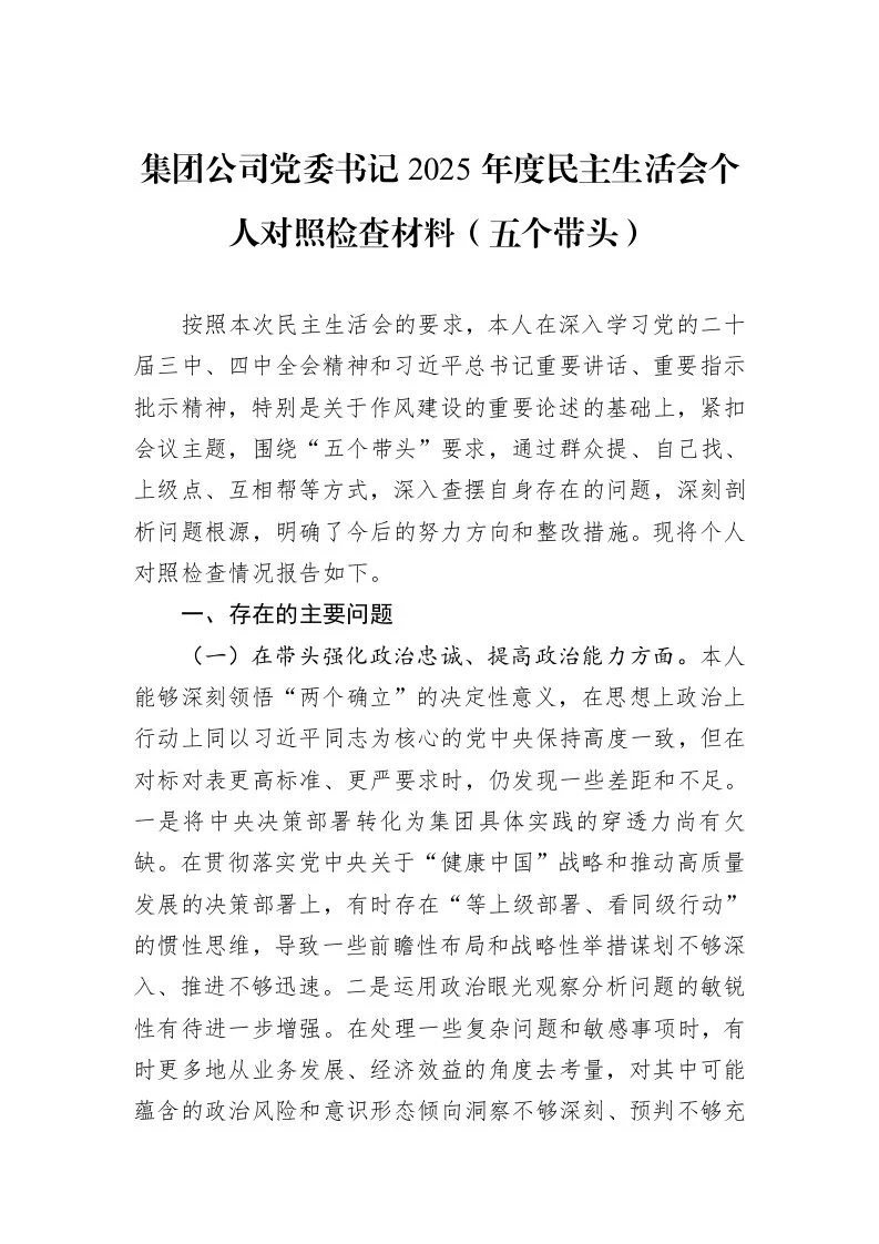 集团公司党委书记2025年度民主生活会个人对照检查材料（五个带头）_第1页