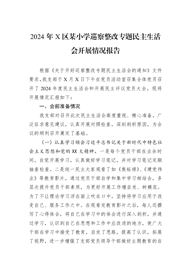 2024年X区某小学巡察整改专题民主生活会开展情况报告_第1页