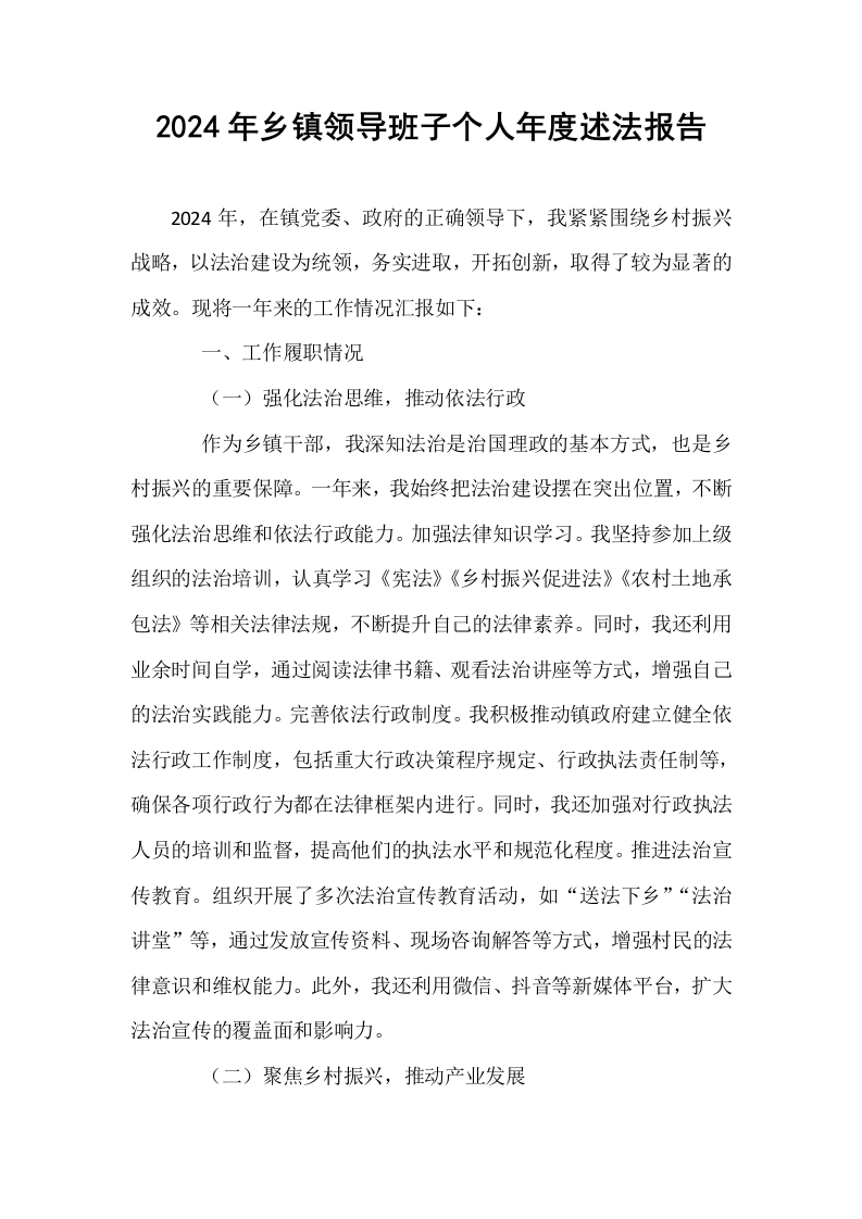 2024年乡镇领导班子个人年度述法报告_第1页