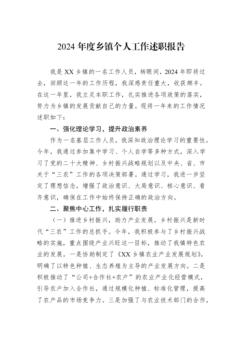 2024年度乡镇个人工作述职报告._第1页