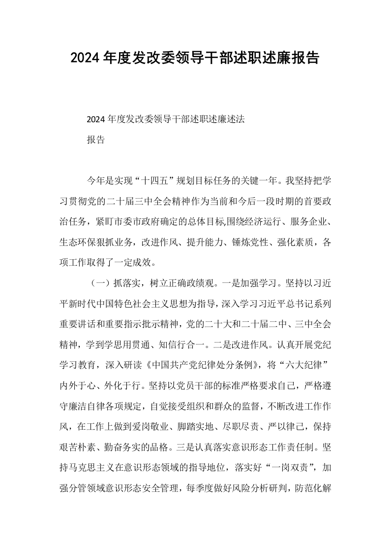 2024年度发改委领导干部述职述廉报告_第1页