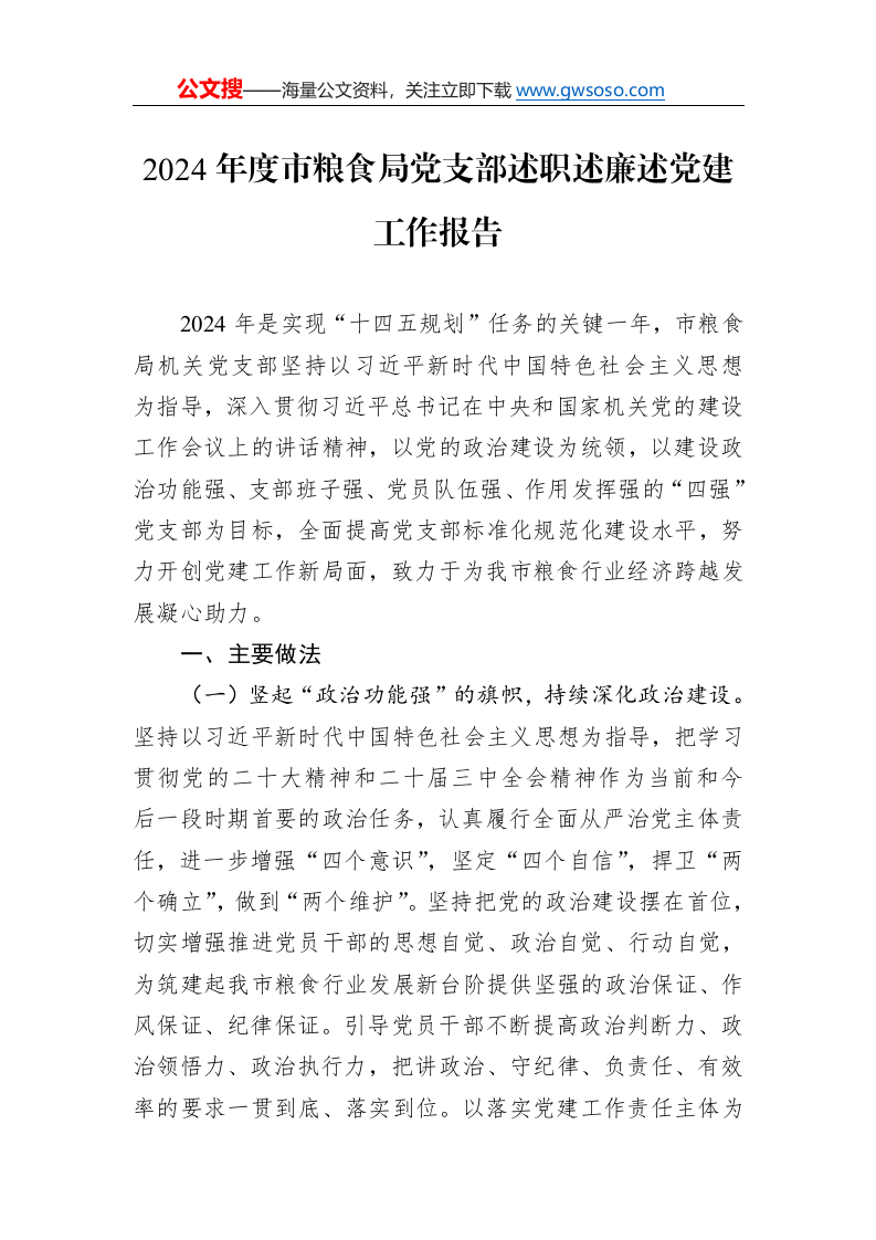2024年度市粮食局党支部述职述廉述党建工作报告._第1页