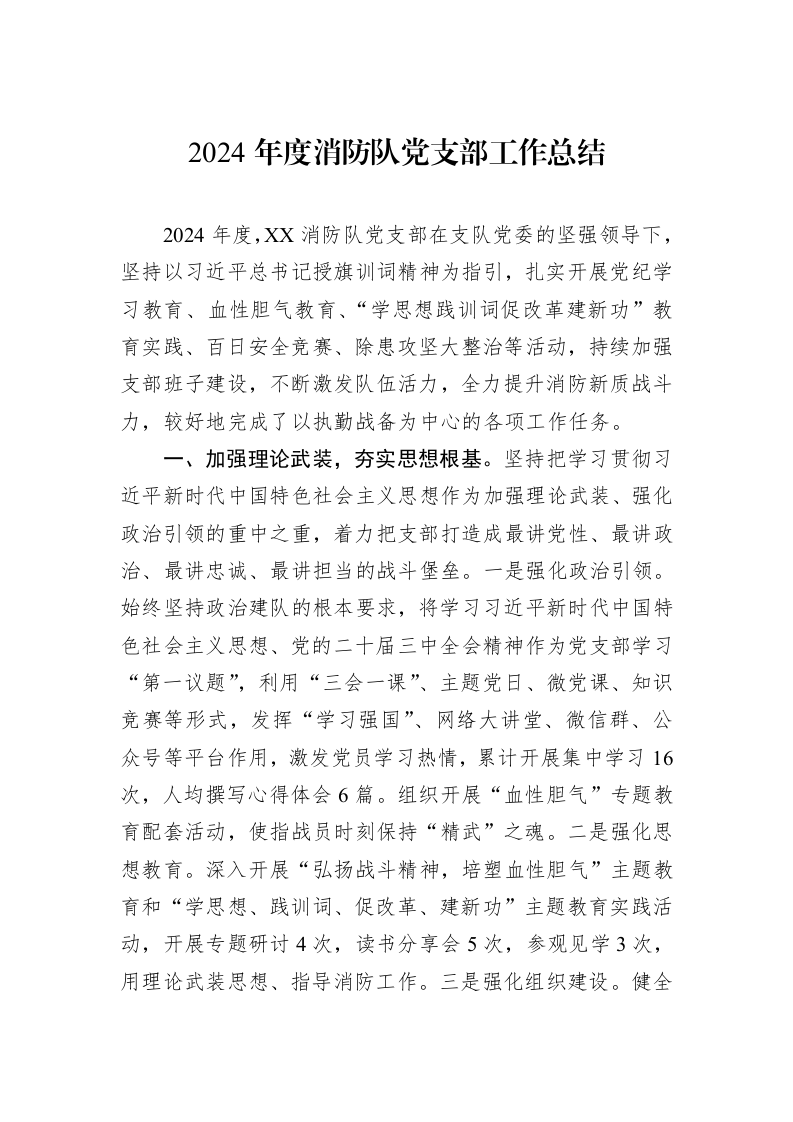 2024年度消防队党支部工作总结（01-06）_第1页
