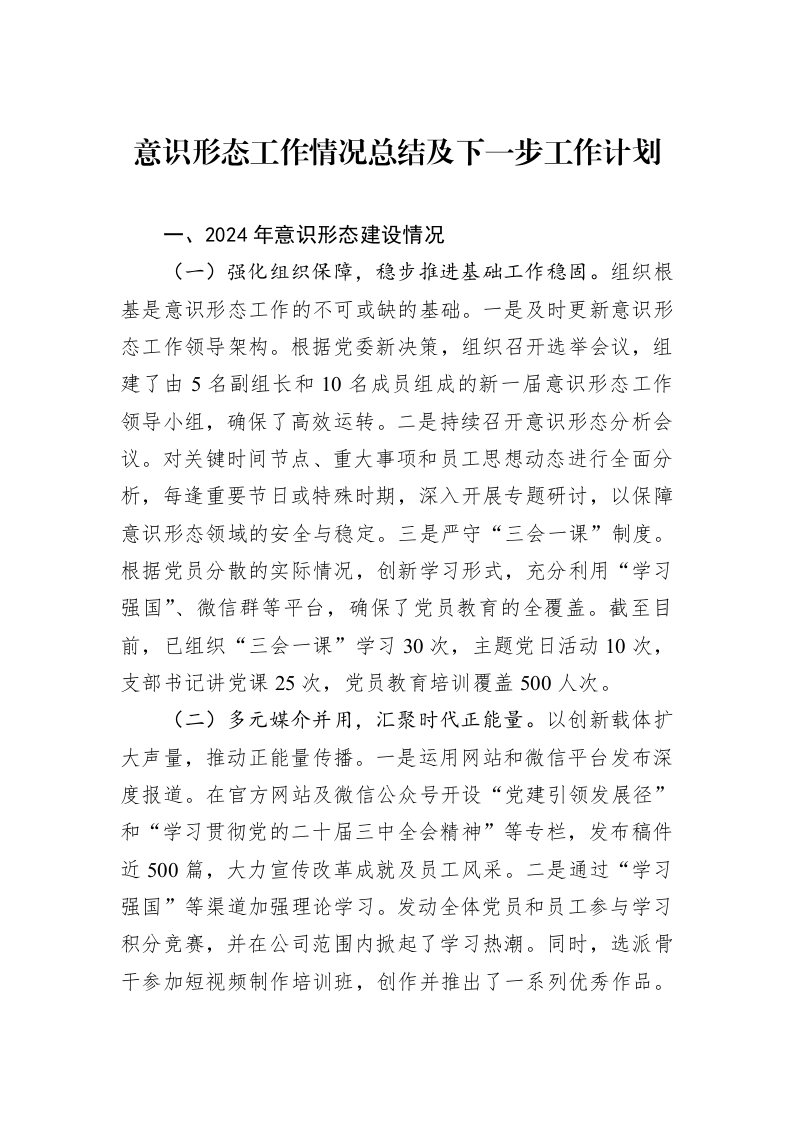2024年意识形态工作情况总结及下一步工作计划_第1页