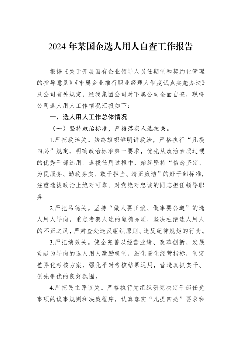 2024年某国企选人用人自查工作报告_第1页