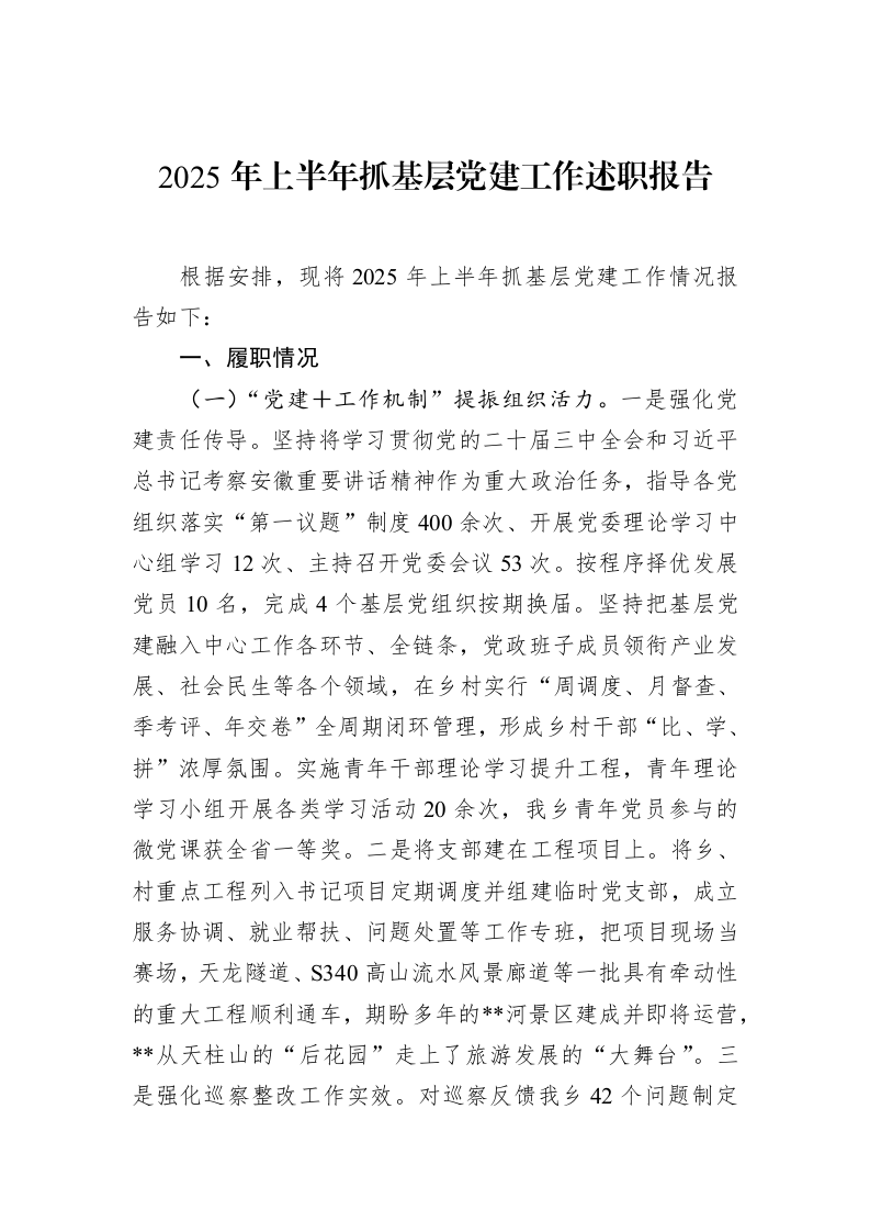 2025年上半年抓基层党建工作述职报告_第1页