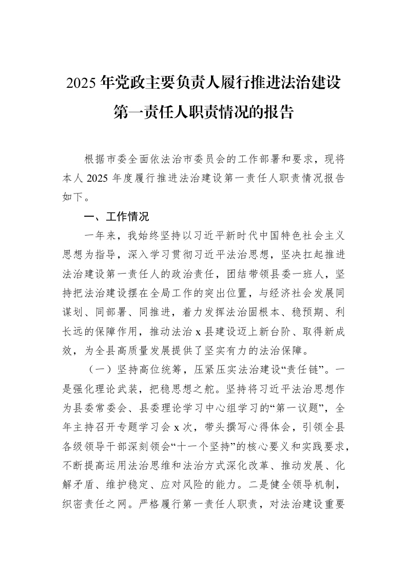 2025年党政主要负责人履行推进法治建设第一责任人职责情况的报告_第1页