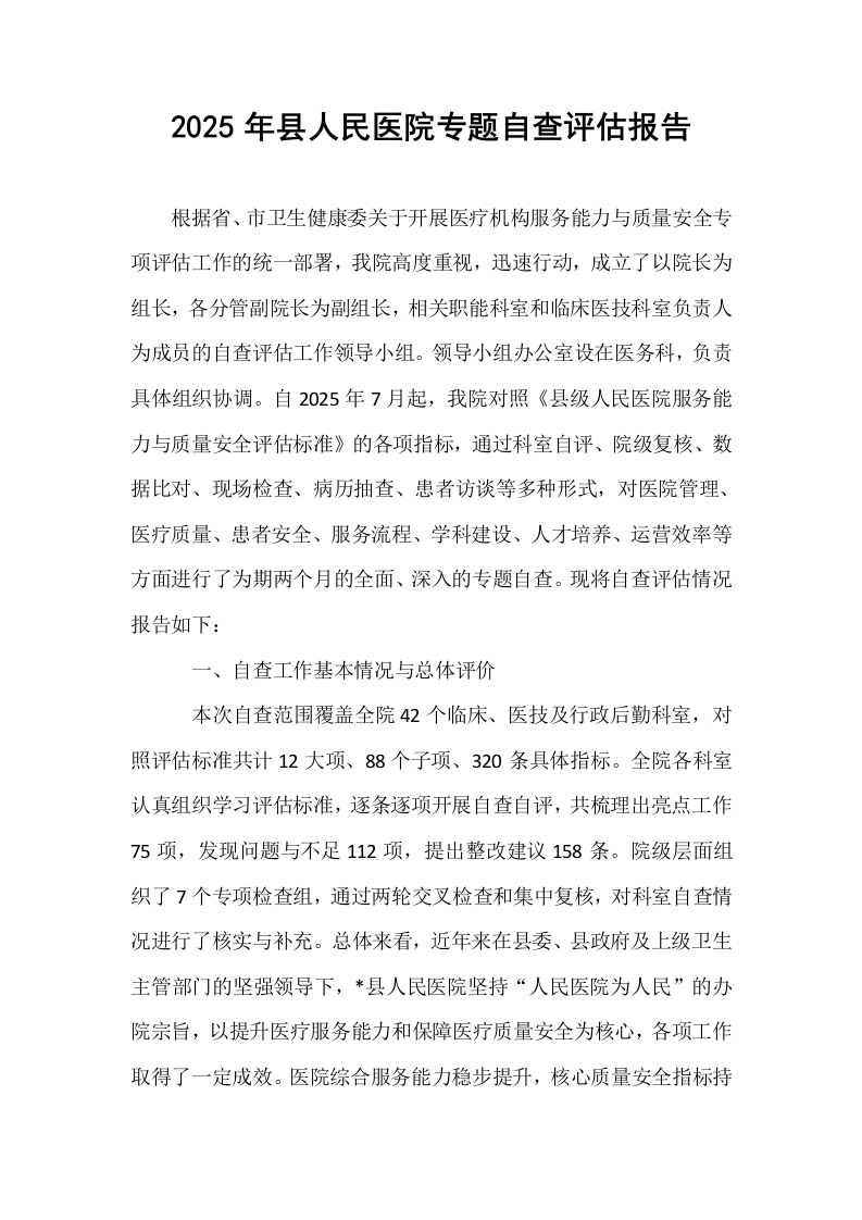 2025年县人民医院专题自查评估报告_第1页