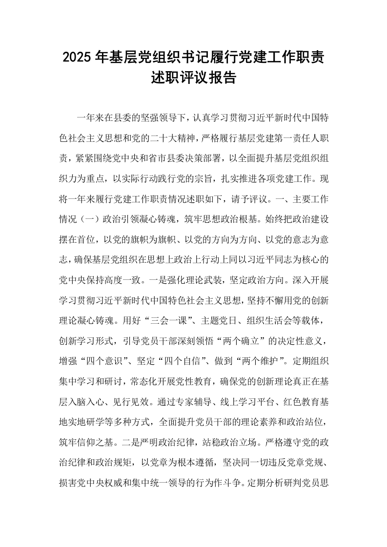 2025年基层党组织书记履行党建工作职责述职评议报告_第1页