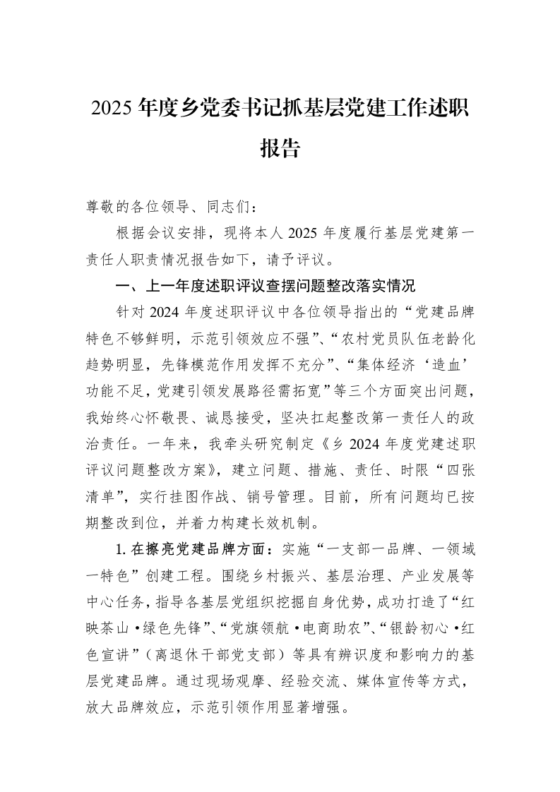2025年度乡党委书记抓基层党建工作述职报告_第1页