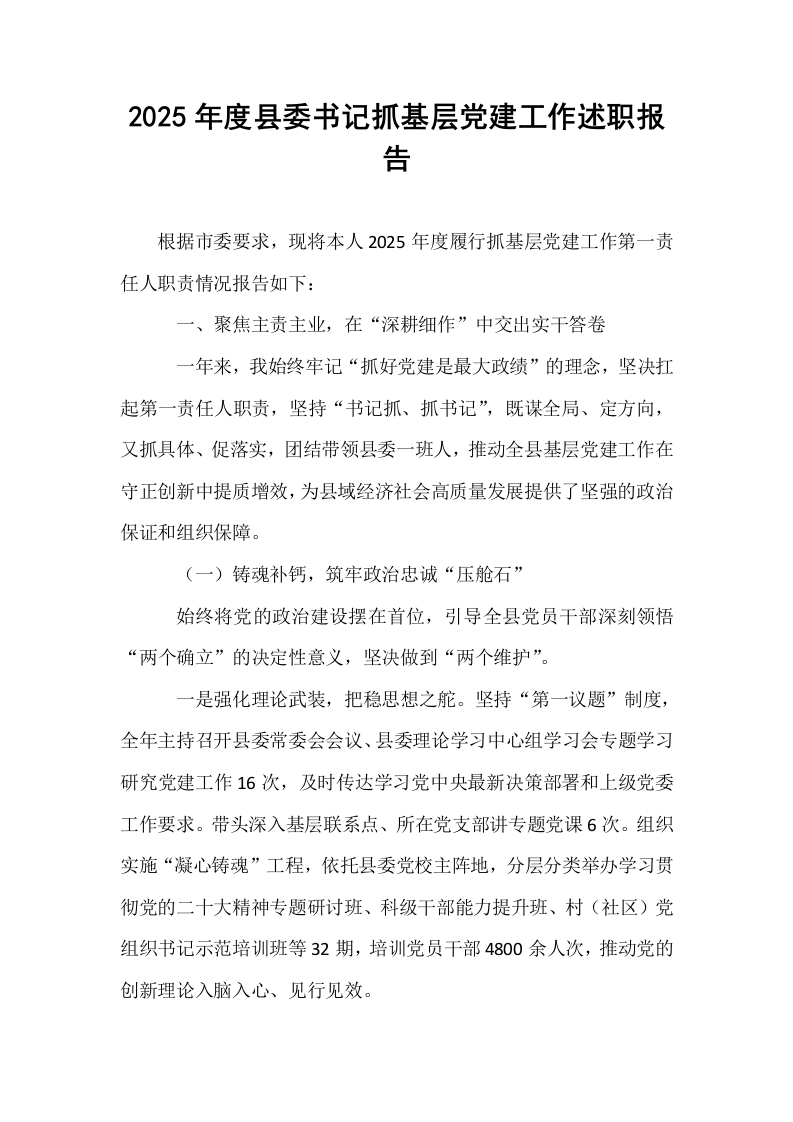 2025年度县委书记抓基层党建工作述职报告_第1页