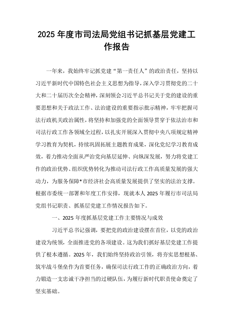 2025年度市司法局党组书记抓基层党建工作报告_第1页