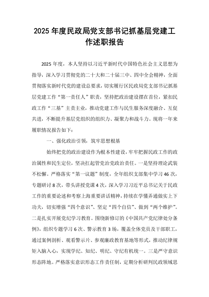 2025年度民政局党支部书记抓基层党建工作述职报告_第1页