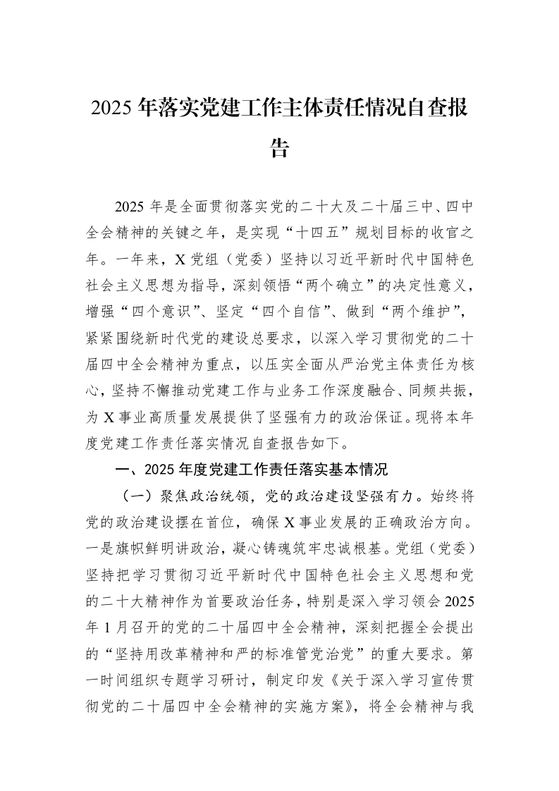 2025年落实党建工作主体责任情况自查报告_第1页