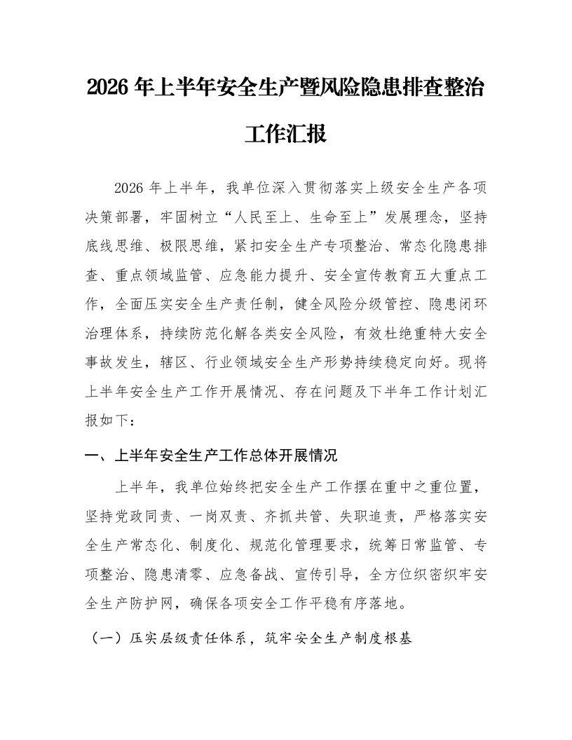 2026年上半年安全生产暨风险隐患排查整治工作汇报_第1页