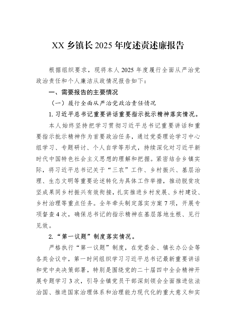 XX乡镇长2025年度述责述廉报告_第1页