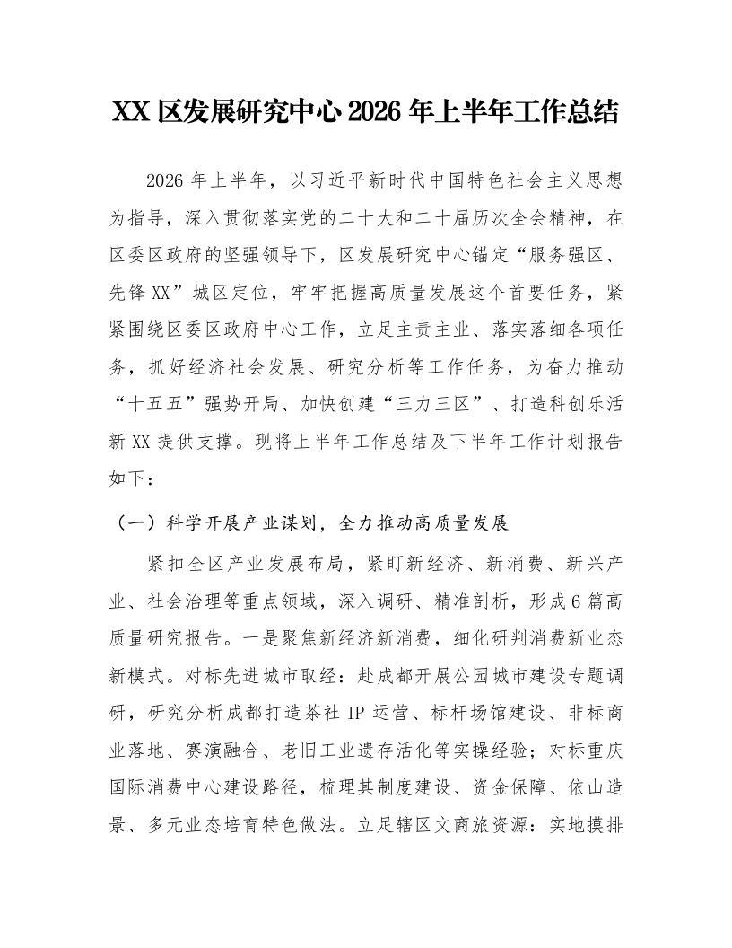 XX区发展研究中心2026年上半年工作总结_第1页